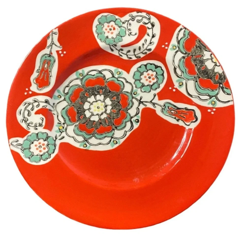 Anthropologie Vibrant Red Decorative Plate with Floral Design. Set of 5.